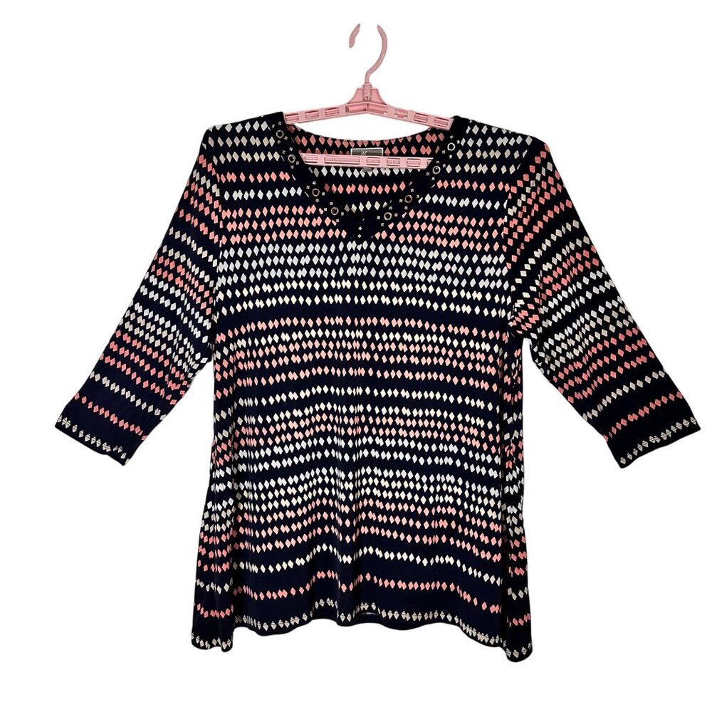 JM Collection Womens XL Geometric Print 3/4 Sleeve Tunic Studded Detail V Neck